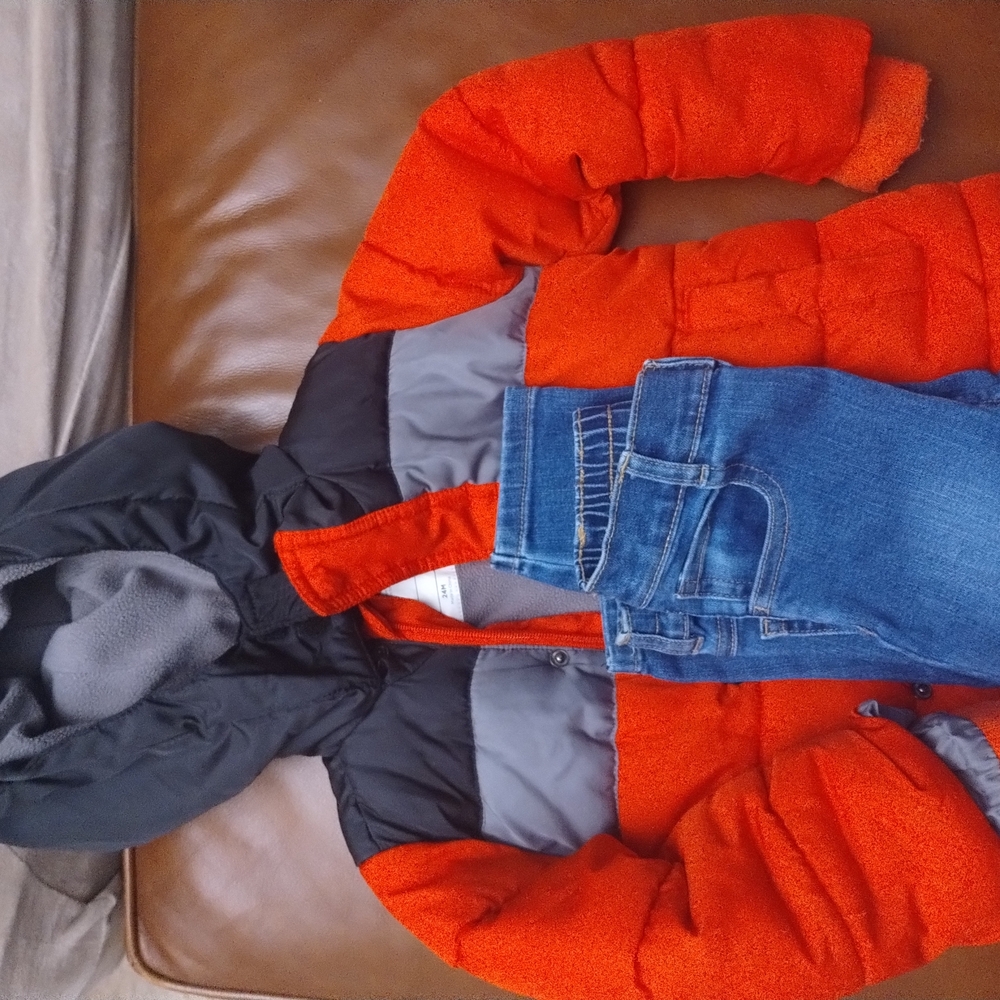 Okie Dokie Red and Black Puffer Coat and jeans.